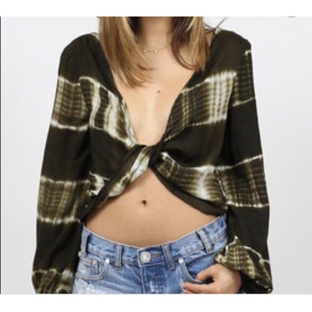 Line & Dot Crop Top Size M Twist Shibori Reversible Green Tie Dye Balloon Sleeve